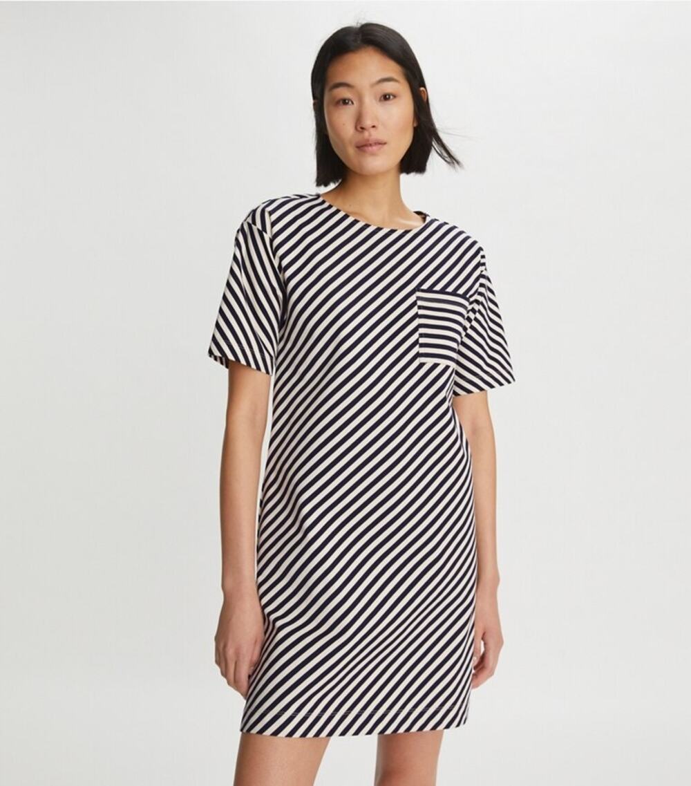 Tory Burch Pocket Stripe T-Shirt Dress Tory Navy French Cream Size Small NWOT
